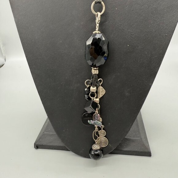 Handcrafted Black Beaded Long Pendant Necklace With Leather Cord & Silver Accent - Picture 2 of 6